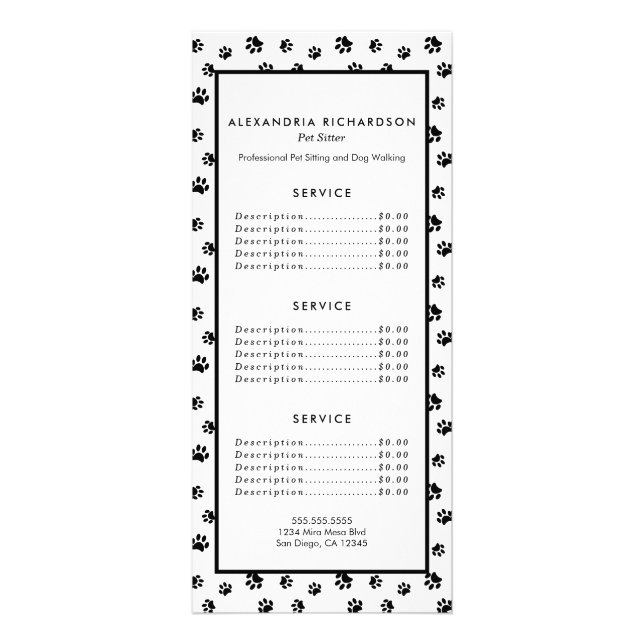 Black Paw Prints Pattern Pet Sitter Service Rack Card (Front)