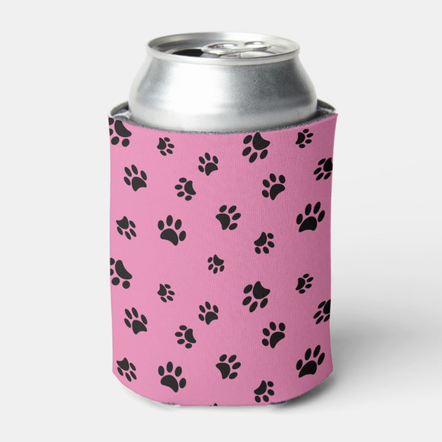 Black Paw Prints Pattern with Pink Background Can Cooler (Can Front)