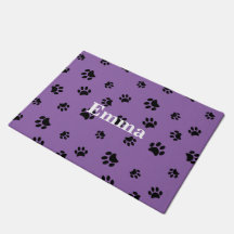 Black Paw Prints Pattern with Purple Background Doormat