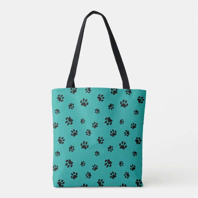 Black Paw Prints Pattern with Teal Background Tote Bag (Back)
