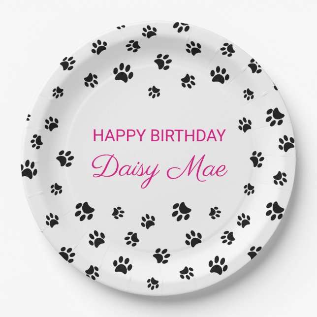 Black Paw Prints Pink Custom Pet Birthday Party Paper Plate (Front)