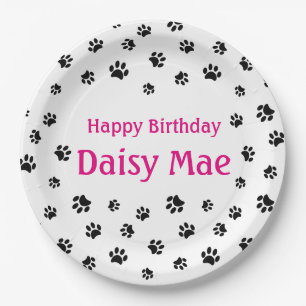 Black Paw Prints Pink Custom Pet Birthday Party Paper Plate