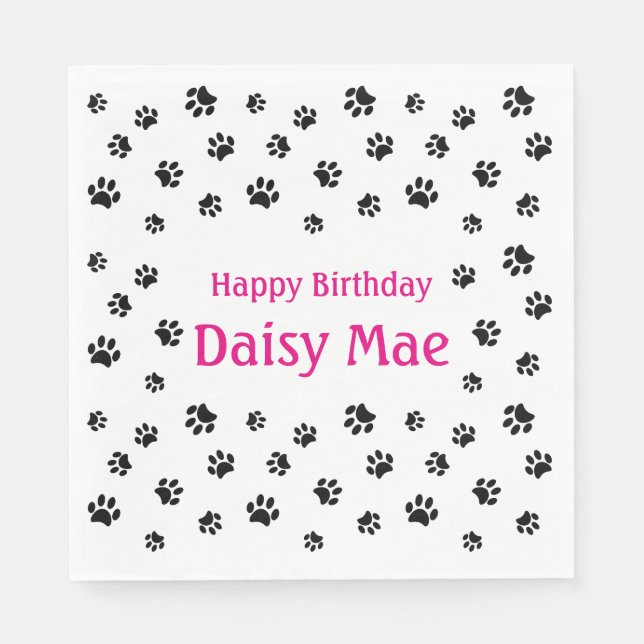 Black Paw Prints Pink Pet Birthday Party Napkin (Front)