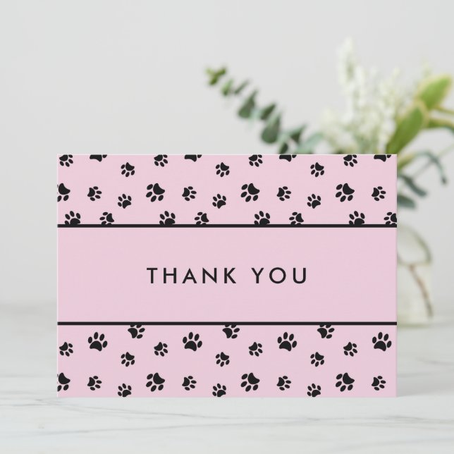 Black Paw Prints Pink Pet Care Business Thank You Card (Standing Front)