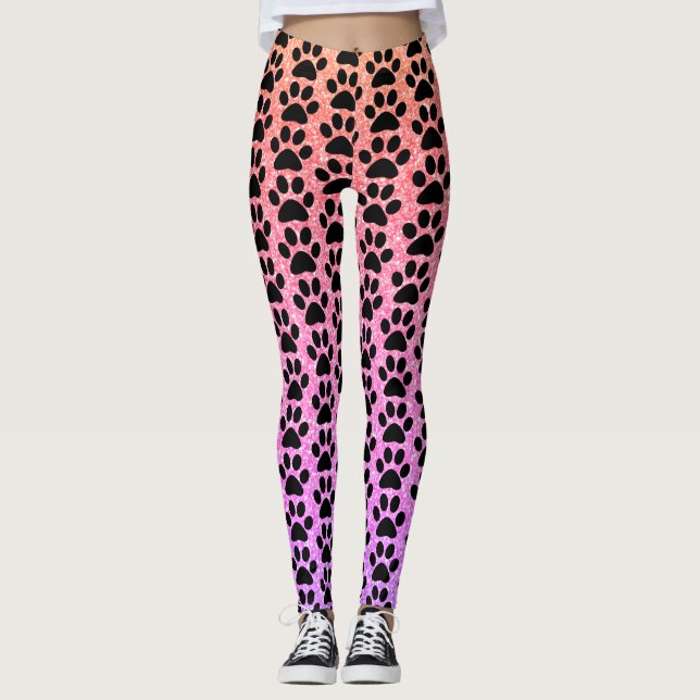 Black Paw Prints Rose Gold Pink Glittery Ombre Leggings (Front)