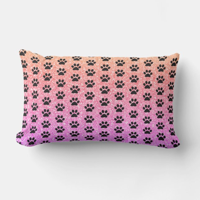 Black Paw Prints Rose Gold Pink Glittery Ombre Lumbar Cushion (Front)