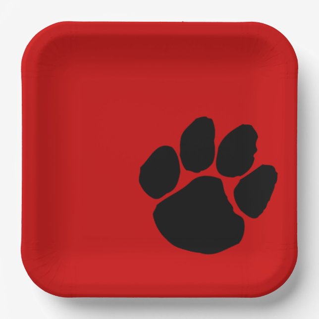 Black Pawprint on Red Paper Party Plates (Front)