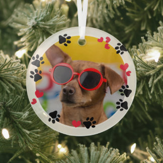 Black Paws Red Hearts White Border Pet Photo Glass Tree Decoration