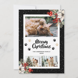 Black Paws Snow Poinsettia Photo Christmas Card