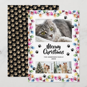 Black Paws String Lights Photo Cat Christmas Card