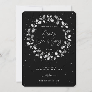 Black Peace Love + Joy Holly Wreath Holiday Card