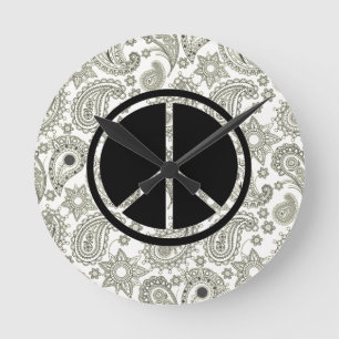 Black Peace & Paisley on White Round Clock