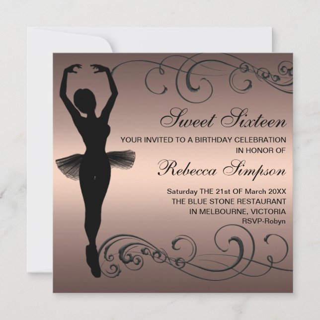 Black & Peach Ballerina Birthday Invitation (Front)