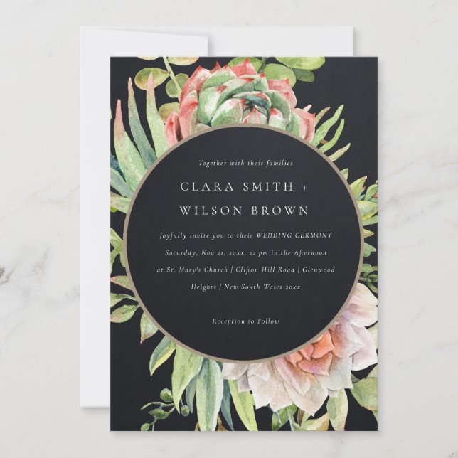 BLACK PEACH DESERT SUCCULENT CACTI FOLIAGE WEDDING INVITATION (Front)