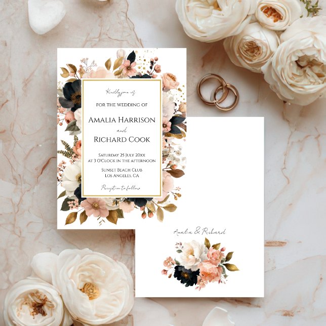 Black Peach Gold Floral Customizable Wedding  Invitation (Creator Uploaded)
