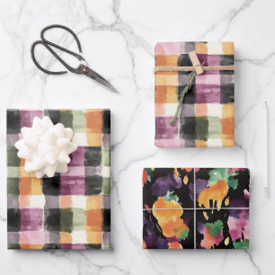 Black Peach Orange Green Pink Plaid Birthday Wrapping Paper Sheet