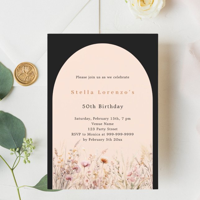 Black peach pink wildflower floral birthday luxury invitation (Creator Uploaded)