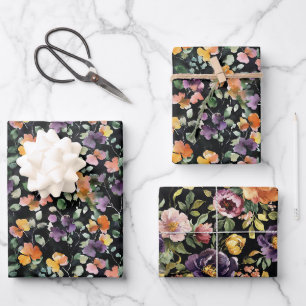 Black Peach Purple Green Floral Birthday Wrapping Paper Sheet