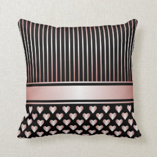Black Peach Satin Hearts Ribbons Throw Pillow