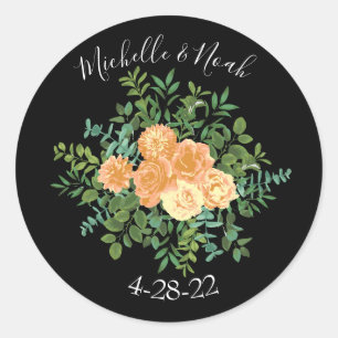 Black & Peach Wedding Modern Floral Classic Round Sticker