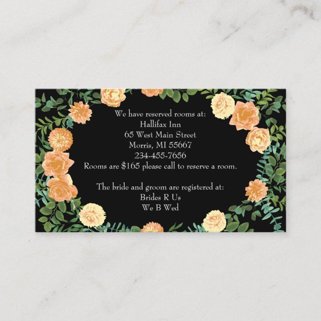 Black & Peach Wedding Modern Floral Enclosure Card (Front)