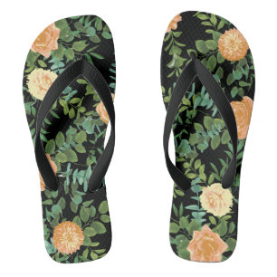 Black & Peach Wedding Modern Floral Flip Flops