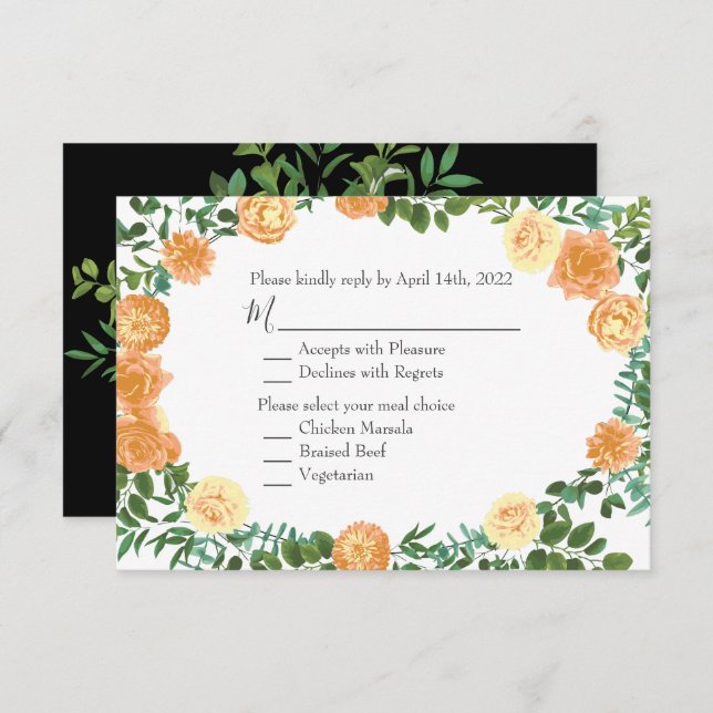 Black & Peach Wedding Modern Floral Invitation (Front/Back)