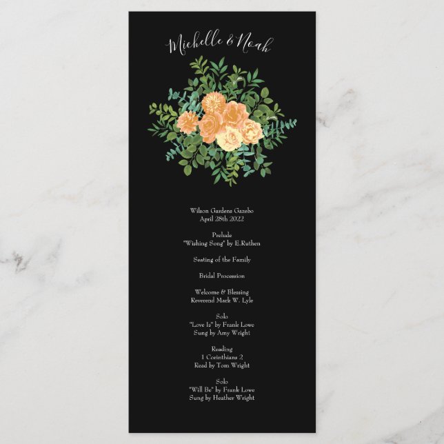 Black & Peach Wedding Modern Floral Menu (Front)