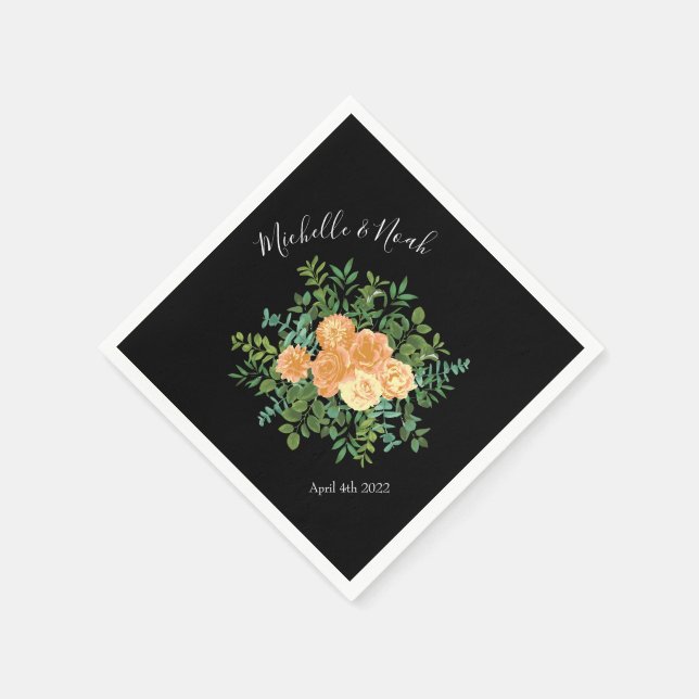 Black & Peach Wedding Modern Floral Napkin (Corner)
