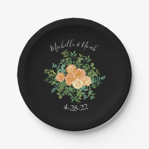 Black & Peach Wedding Modern Floral Paper Plate