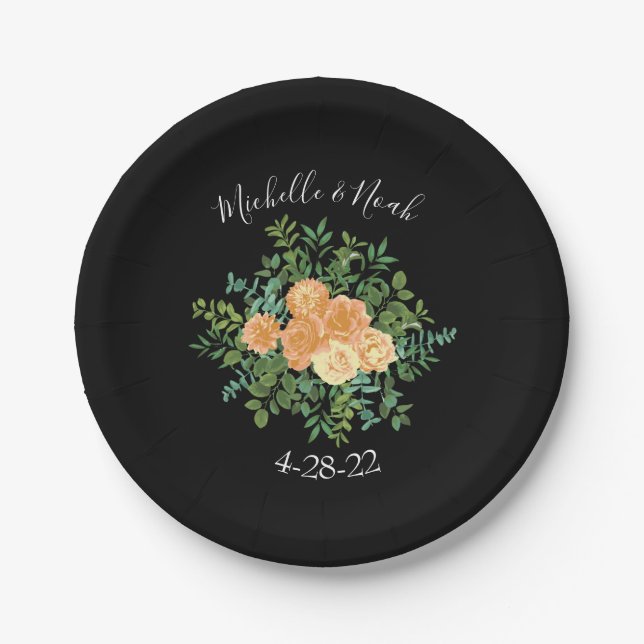 Black & Peach Wedding Modern Floral Paper Plate (Front)