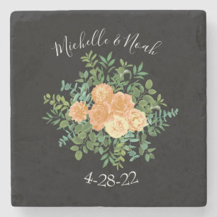 Black & Peach Wedding Modern Floral Stone Coaster