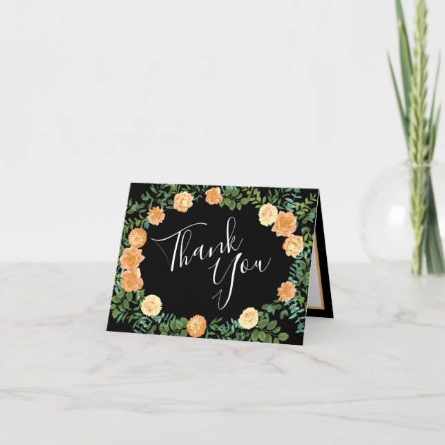 Black & Peach Wedding Modern Floral Thank You Card (Front)
