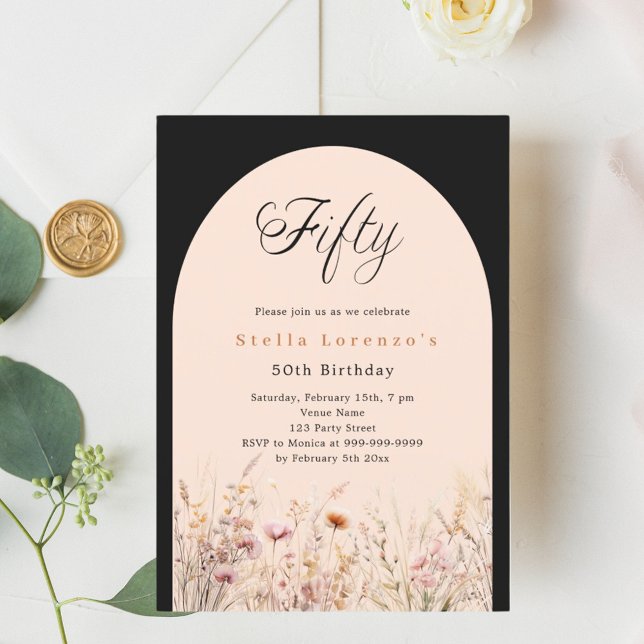 Black peach wildflower floral 50th birthday luxury invitation (Creator Uploaded)
