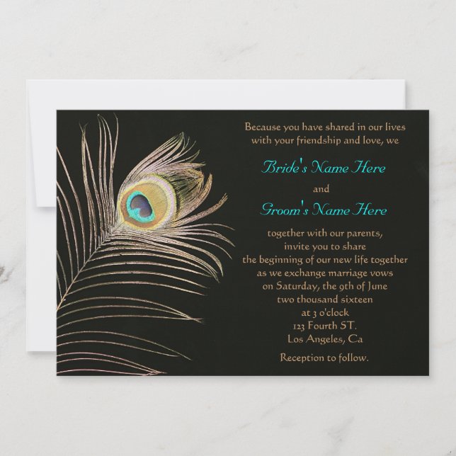 Black Peackock Wedding Invitation (Front)