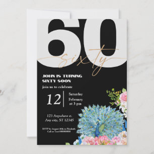 Black Peacock 60th Birthday Invitations