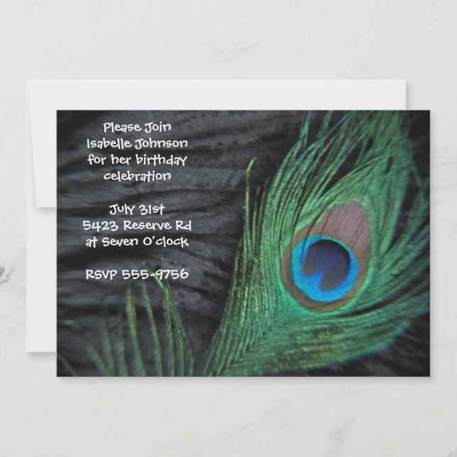 Black Peacock Feather Birthday Invitation (Front)