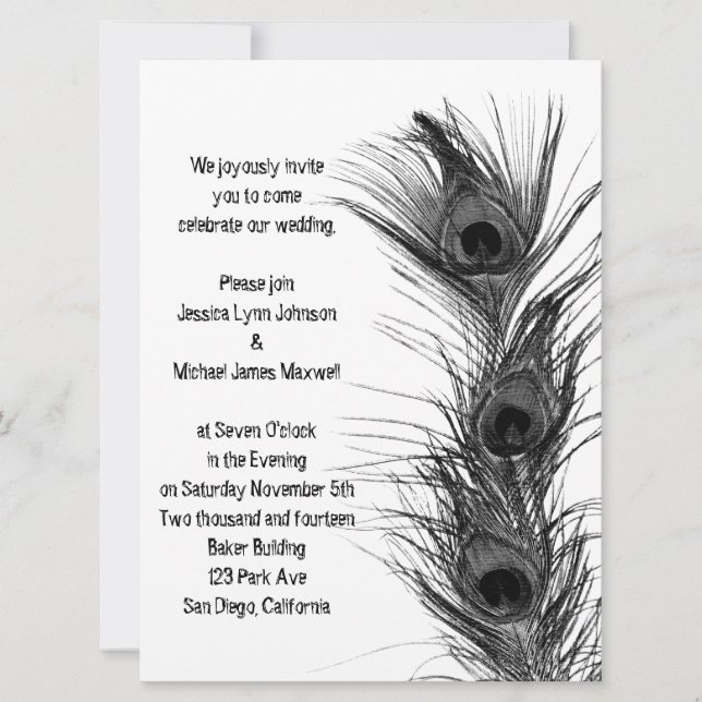 Black Peacock Feathers Wedding Invitation (Front)
