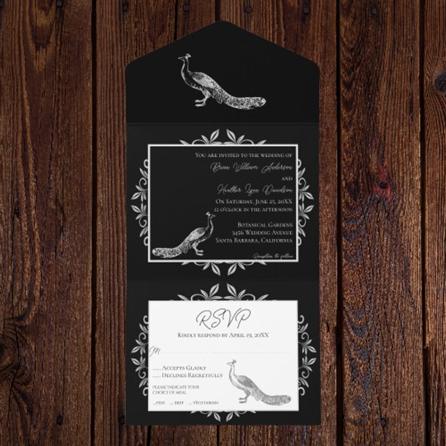 Black Peacock Flourish All In One Invitation (Black Peacock Flourish All in One Invitation)