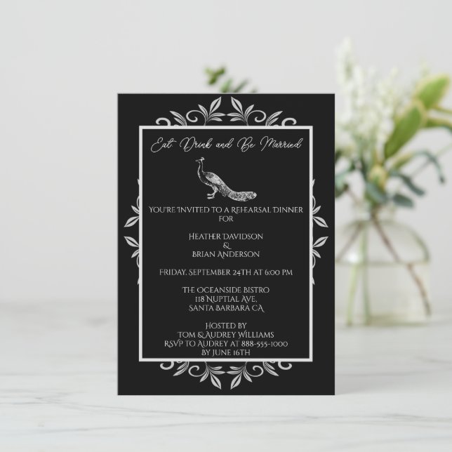 Black Peacock Flourish Rehearsal Dinner Invitation (Standing Front)