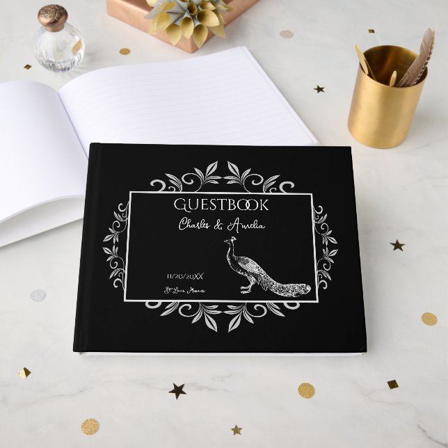 Black Peacock Flourish Wedding Guest Book (Front Open)