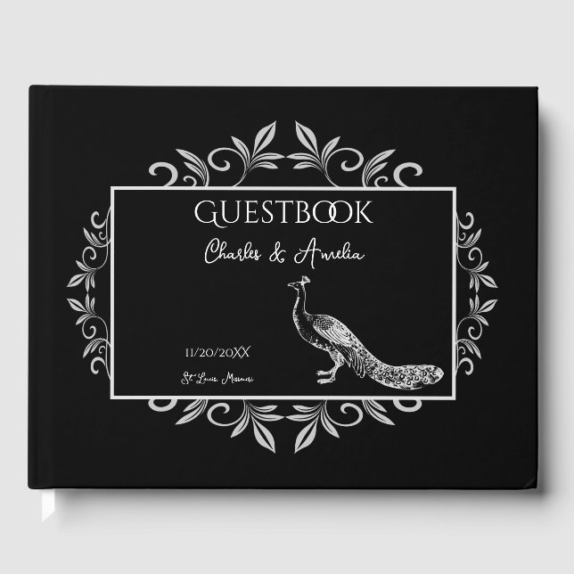 Black Peacock Flourish Wedding Guest Book (Front)