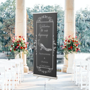 Black Peacock Flourish Wedding Retractable Banner
