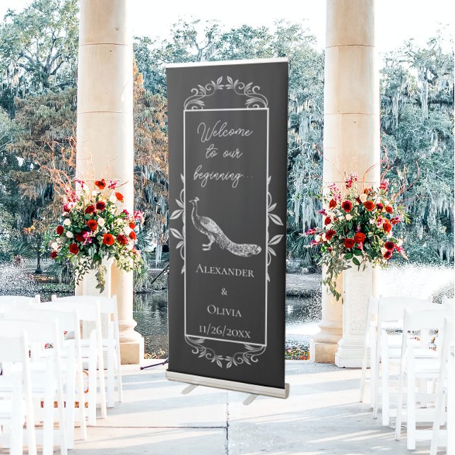 Black Peacock Flourish Wedding Retractable Banner (Black Peacock Flourish Wedding Welcome Banner)