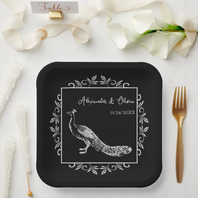 Black Peacock Flourish Wedding Shower Paper Plates (Wedding)