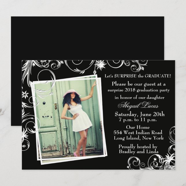Black & Pearl Swirl Graduation Invitation (Front/Back)