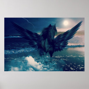 Black Pegasus Emerging From The Sea Poster