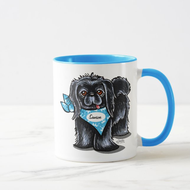 Black Pekingese Pet Name Personalised Blue Mug (Right)