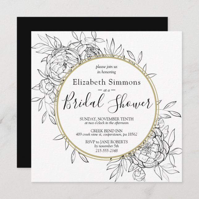 Black Peony Modern Floral Toile Bridal Shower Invitation (Front/Back)