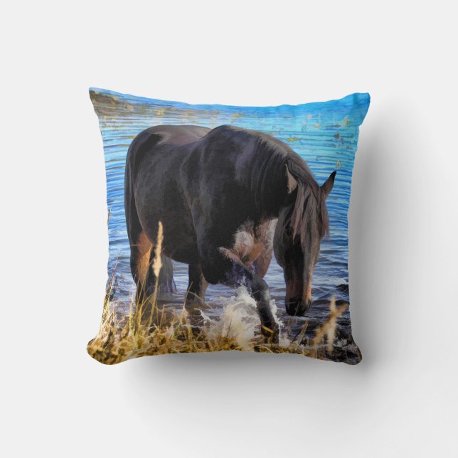 Black Percheron Horse and Lake Artwork Cushion (Front)